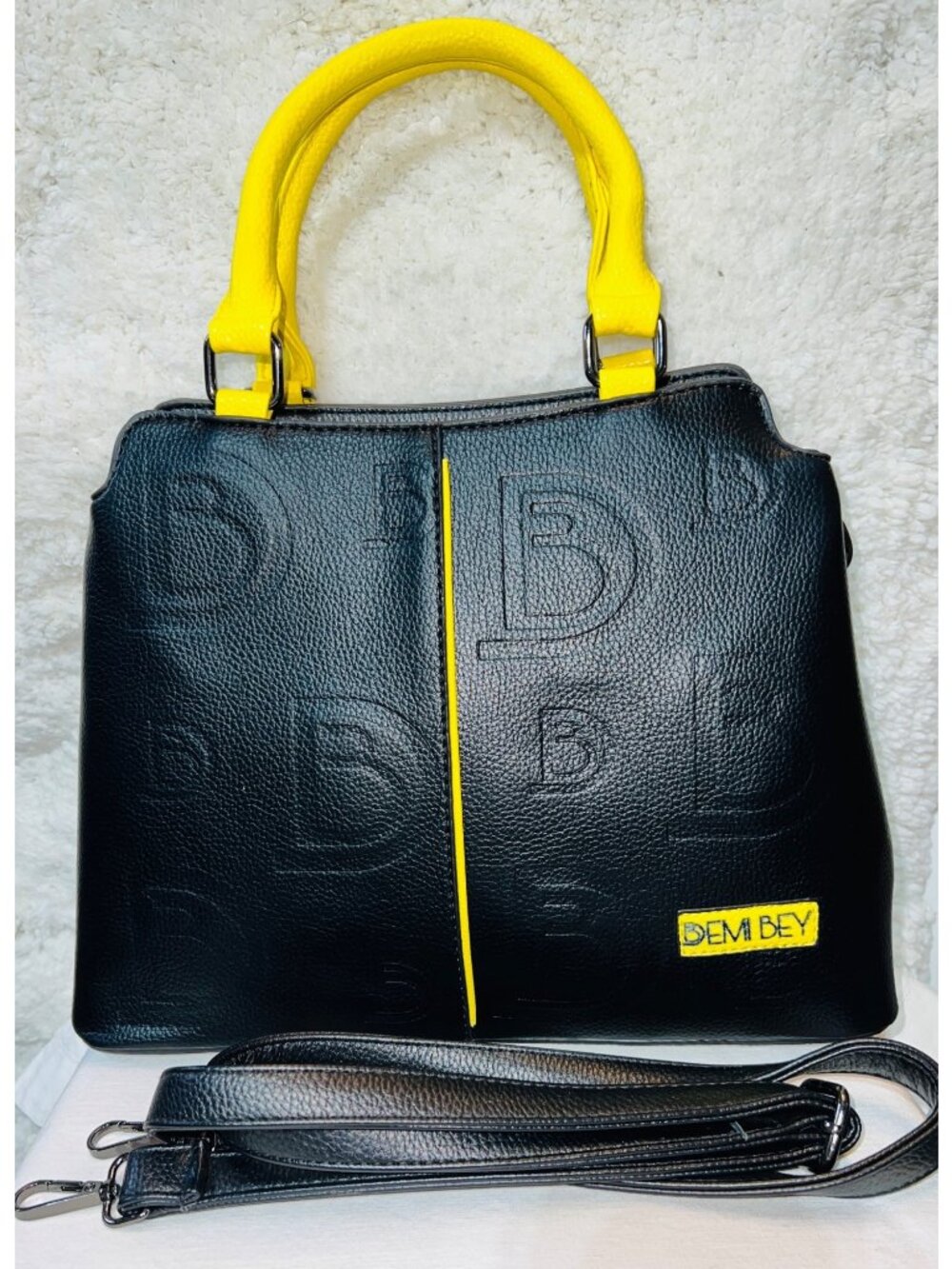 Demi Bey Black & Yellow Embossed Handbag w Adjustable Strap Pockets